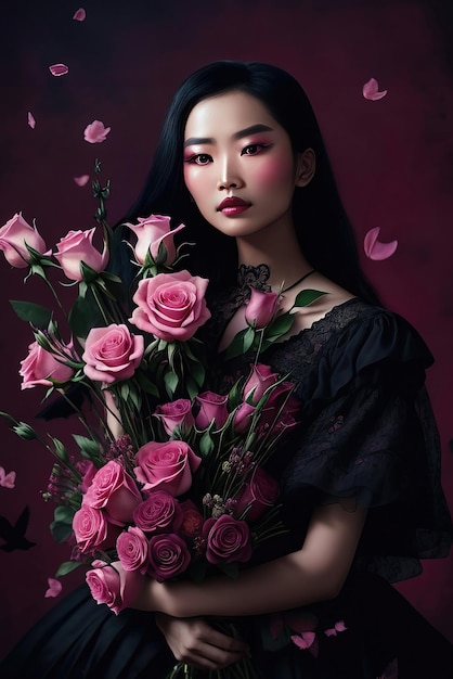 Photo portrait of a woman with a bouquet of flowers valentine