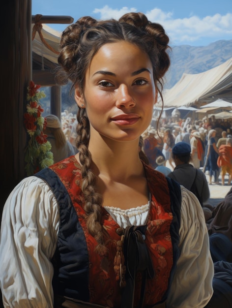Portrait of a woman with braids in front of the market