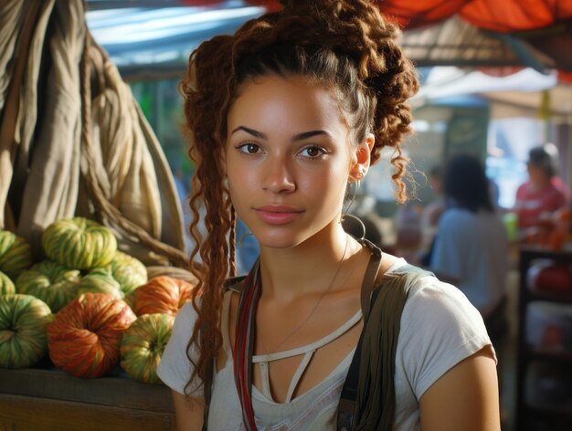 Portrait of a woman with braids in front of the market