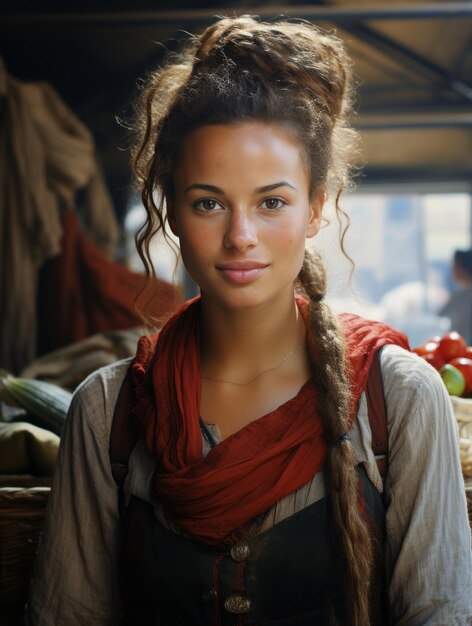 Portrait of a woman with braids in front of the market