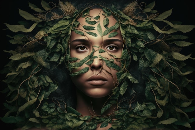 Portrait of a woman with braids of ivy and ferns draped over her face