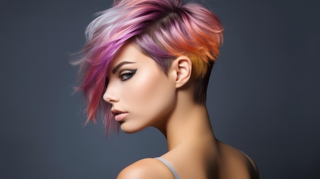 明るい色の飛行髪を持つ女性の肖像画すべての色合いヘアカラーリング美しい唇とメイク風になびく髪短い髪のセクシーな女の子プロのカラーリング