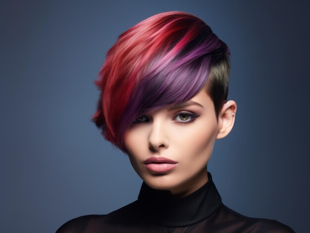 Photo portrait of a woman with bright colored flying hair all shades hair coloring beautiful lips and makeup hair fluttering in the wind sexy girl with short hair professional coloring