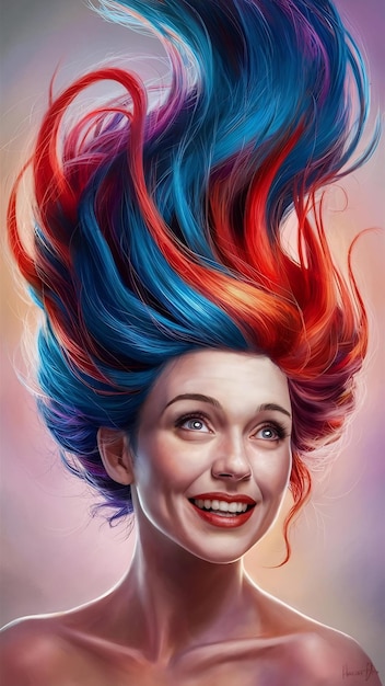 Portrait of woman with bright colored flying hair