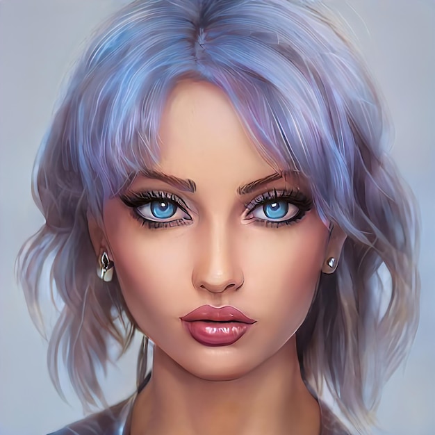 紫色の明るい髪色の女性のポートレート。ヘアカラーリング、美しい唇とメイク。ショートヘアの女性。イラスト。
