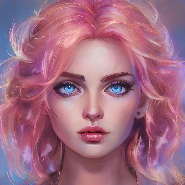 Portrait of a woman with bright colored hair purple color. Hair coloring, beautiful lips and makeup. Woman with short  hair. Illustration