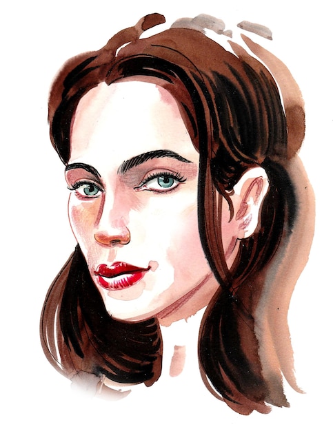 茶色の髪と青い目をした女性の肖像画。