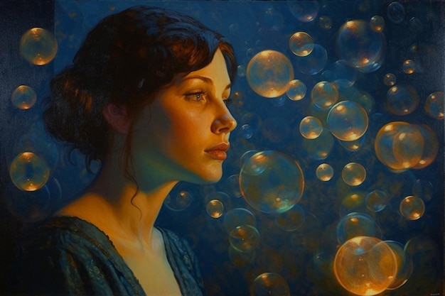 A portrait of a woman with bubbles in the background