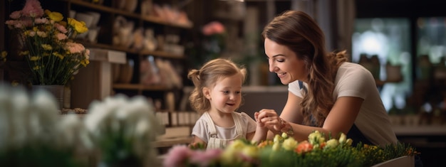 Portrait of a woman with a child choosing a bouquet in a flower store