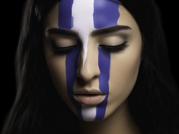 Photo portrait of a woman with color and simbols of flag painted on her face