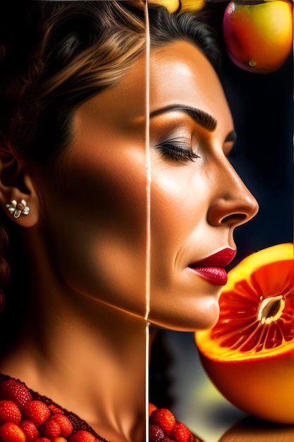 A portrait of a woman with the color of the sun on the left and the color of the image is a grapefruit.