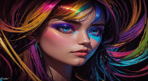 색 ⁇ 이 있는 여성의 초상화 추상적인 머리카락 추상적인 색 ⁇ 의 여성 초상화