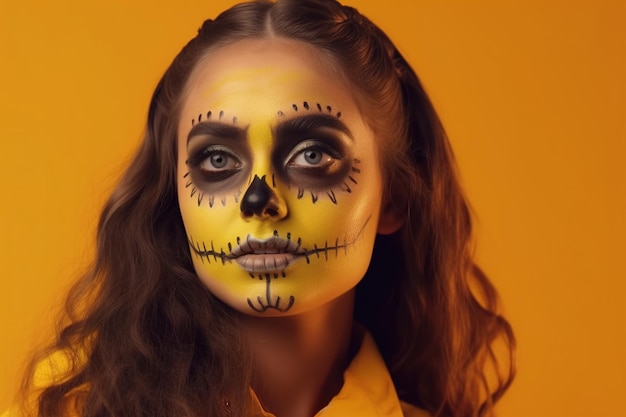 portrait of a woman with creative Halloween makeup has a creepy look a woman in a halloween costume empty space on an orange background A woman is preparing for the day of the dead Generative AI