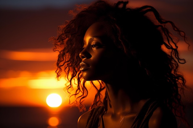 Portrait a woman with curly hair in sunset