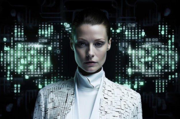 Portrait of a woman with a cybernetic eye matrix style wearing a white suit and surrounded by