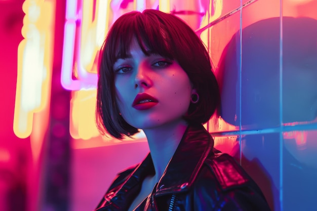 Portrait of a woman with dark hair a bob haircut red lips and a black biker jacket neon lighting