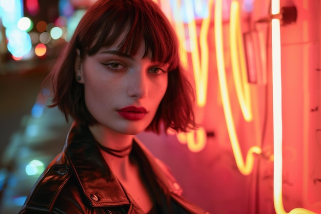 Portrait of a woman with dark hair a bob haircut red lips and a black biker jacket Street with neon