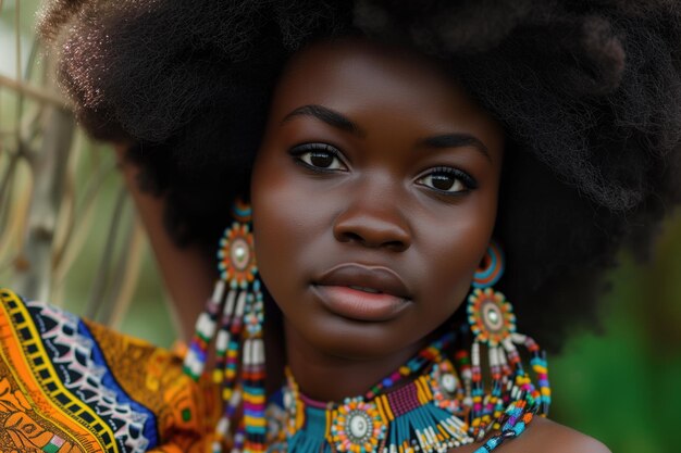 Portrait of a woman with dark skin and afro hairstyle