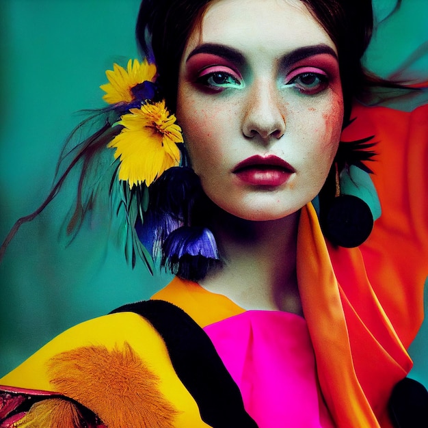Портрет женщины с декоративными цветами в волосах