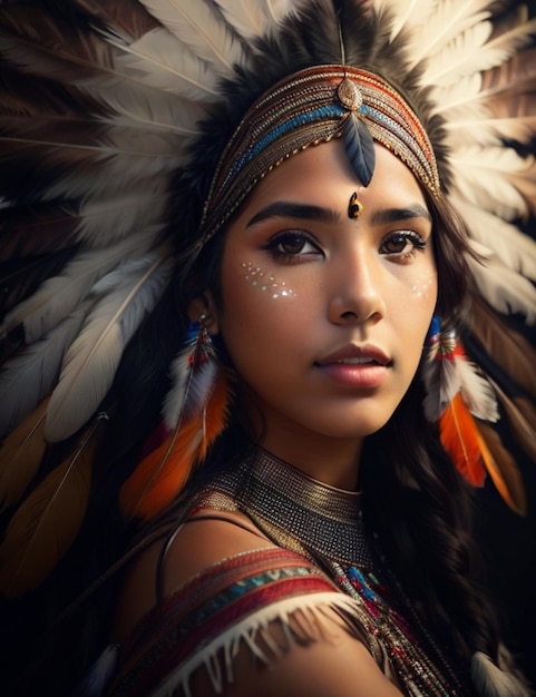 Portrait of a woman with feathers and a feathered headdress.