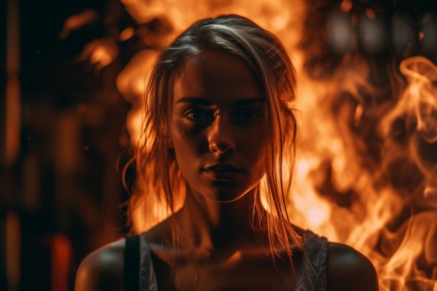 portrait of a woman with a fire background
