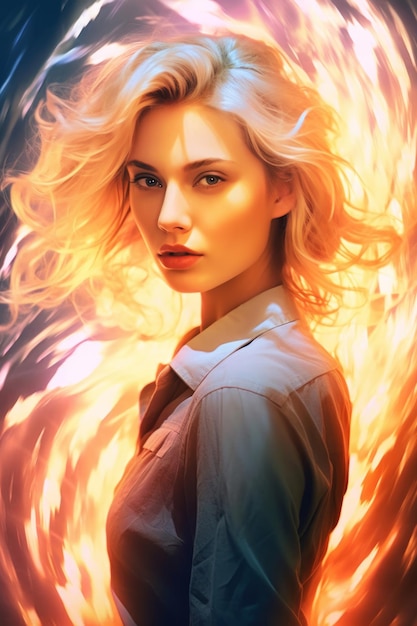 A portrait of a woman with a fire on her face