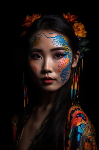 A portrait of a woman with a flower on her face