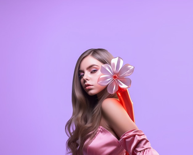 Photo portrait of a woman with a flower on a purple background