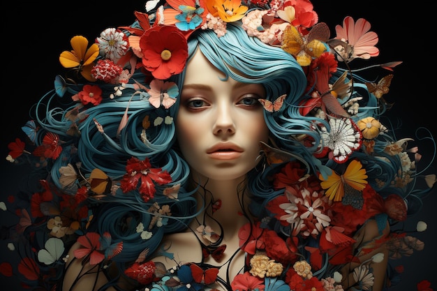 Портрет женщины с цветами в волосах сюрреализм Generative Ai