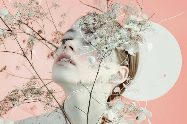 現代美術のスタイルでの毛に花と白い円が顔を覆う女性の肖像画