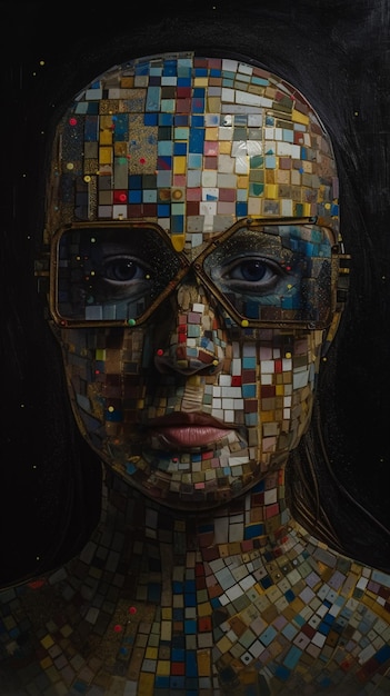 Портрет женщины в очках и мозаика из квадратов.