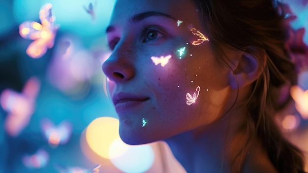A portrait of a woman with glowing erflyshaped stickers on her showing her playful and whimsical