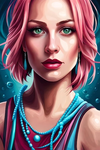 A portrait of a woman with green eyes and a pink hair