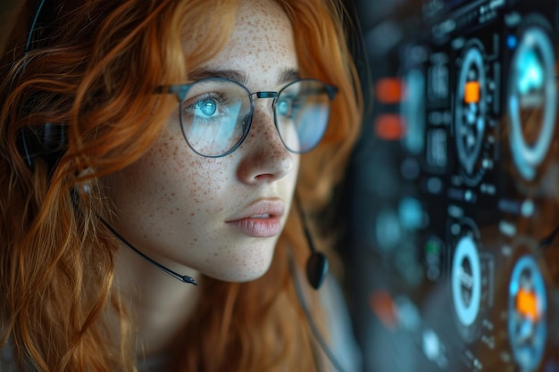 Portrait of a woman with a headset working in a call center