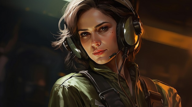 a portrait of a woman with a headset.