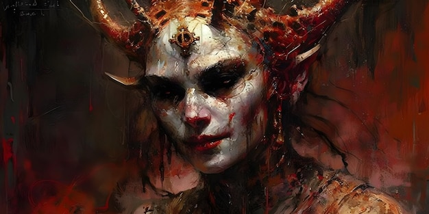 A portrait of a woman with horns and a red head with a red crown on it.