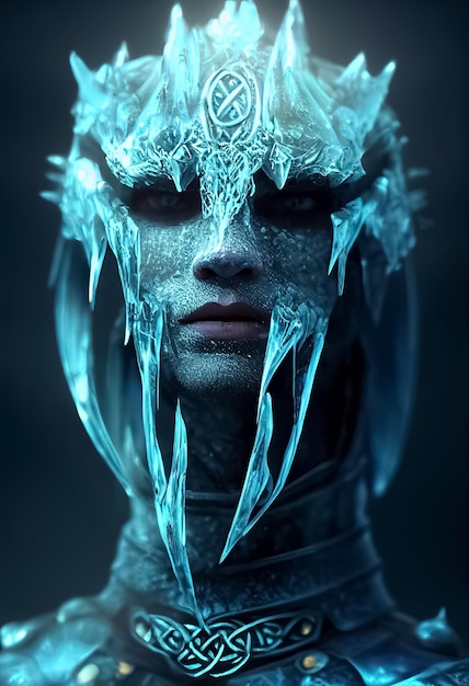 A portrait of a woman with ice and a fish head.