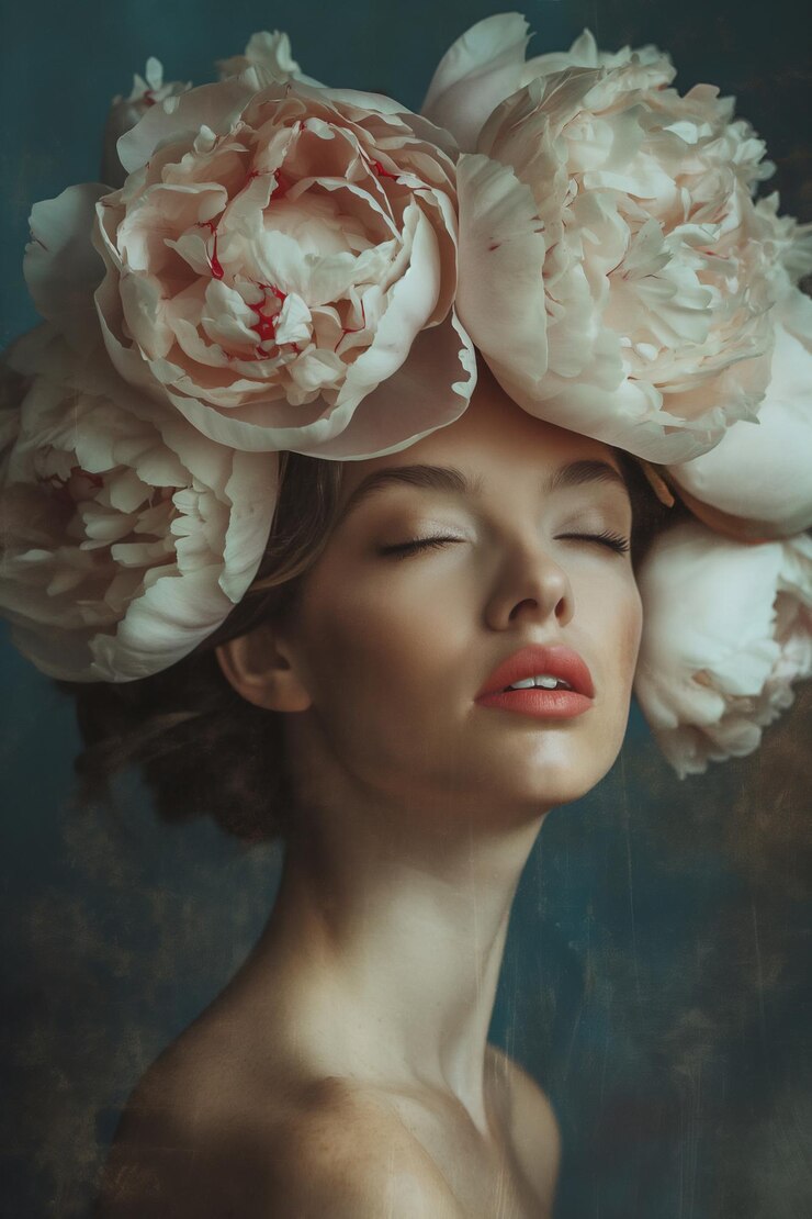 Portrait of woman with large peony flowers adorning her head closed eyes and serene expression