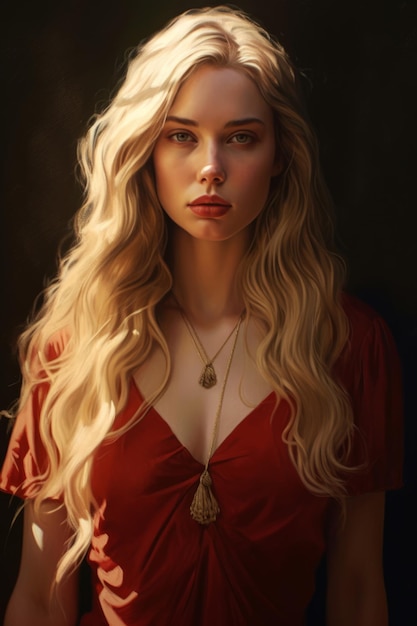 A portrait of a woman with long blonde hair.