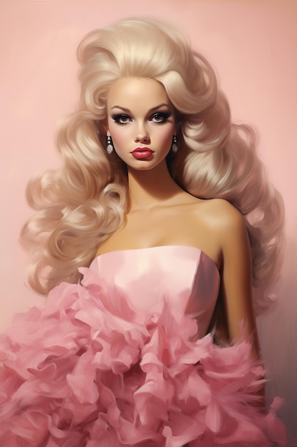 長い髪とピンクのドレスを着た女性のポートレート。
