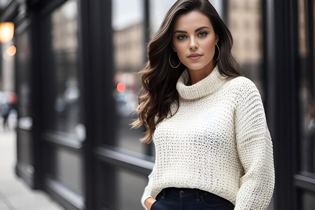 Portrait of a woman with long hair in a warm sweater on the street near a panoramic window