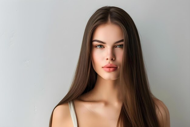 Портрет женщины с длинными прямыми брюнетскими волосами на светло-сером фоне