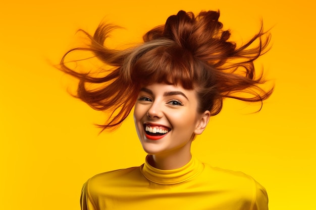 Portrait of a woman with long unkempt hair against an orange background