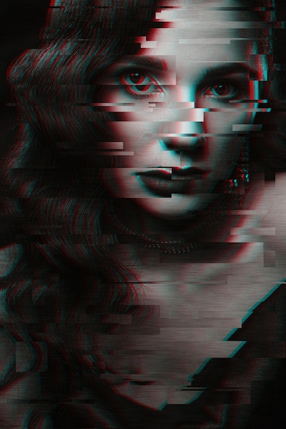 Ritratto di una donna con trucco e acconciatura nel classico stile vintage di hollywood bianco e nero con effetto di realtà virtuale 3d glitch