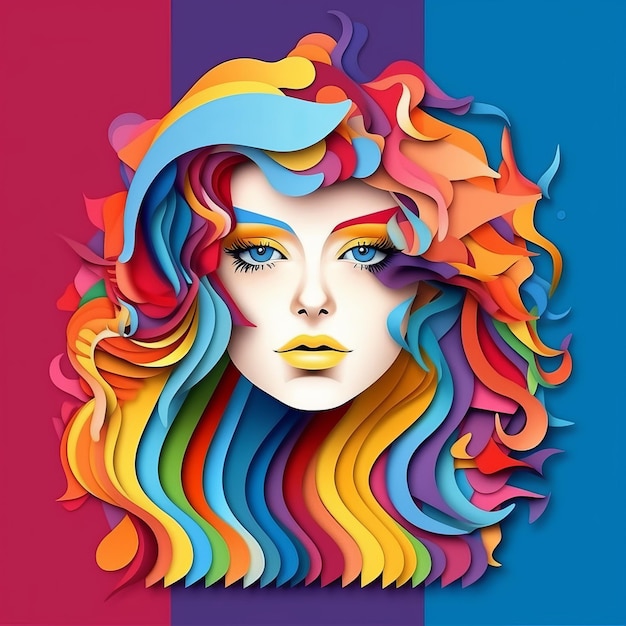 Portrait of a woman with multicolored hair paper style Generative AI