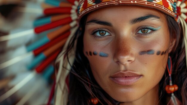 Photo portrait of a woman with a native american headdress her face a powerful symbol of reclaiming her