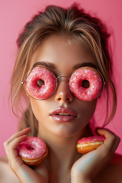 portrait of a woman with pink donuts in hands