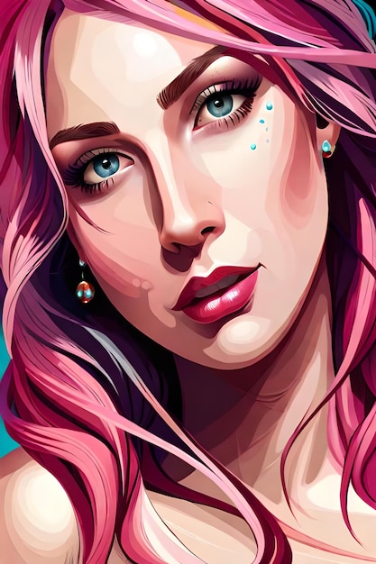 A portrait of a woman with pink hair and blue eyes.