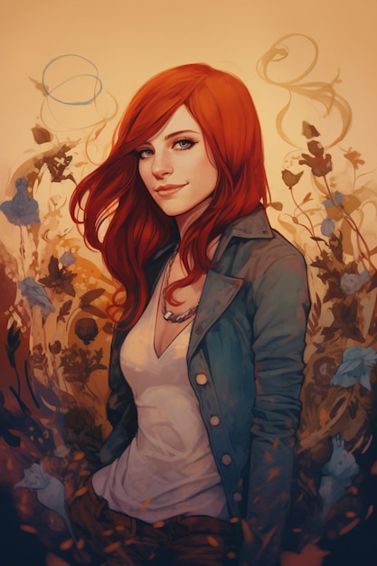 Портрет женщины с рыжими волосами и голубыми глазами.