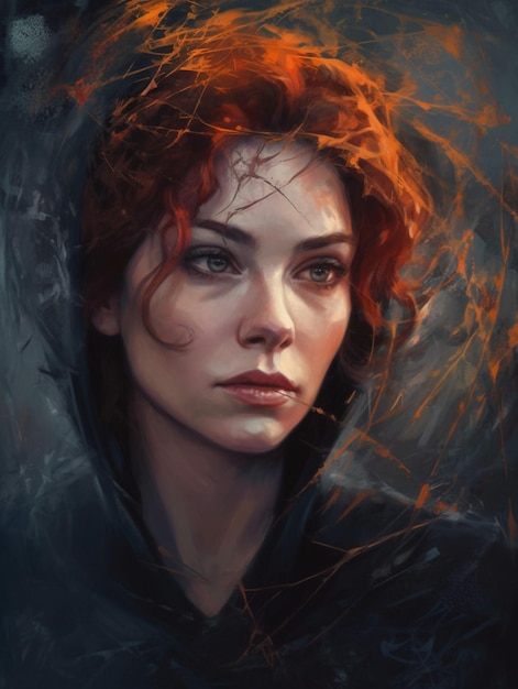 A portrait of a woman with red hair and a hood.